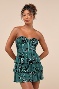 Definite Glamour Emerald Mesh Sequin Bustier Tiered Mini Dress 4