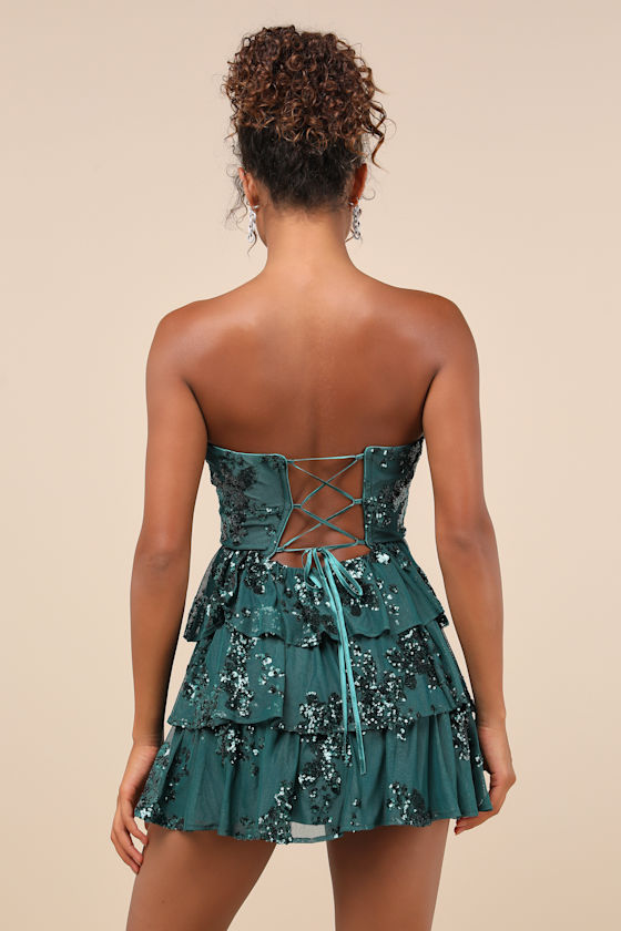 Lulus Definite Glamour Emerald Mesh Sequin Bustier Tiered Mini Dress In Green