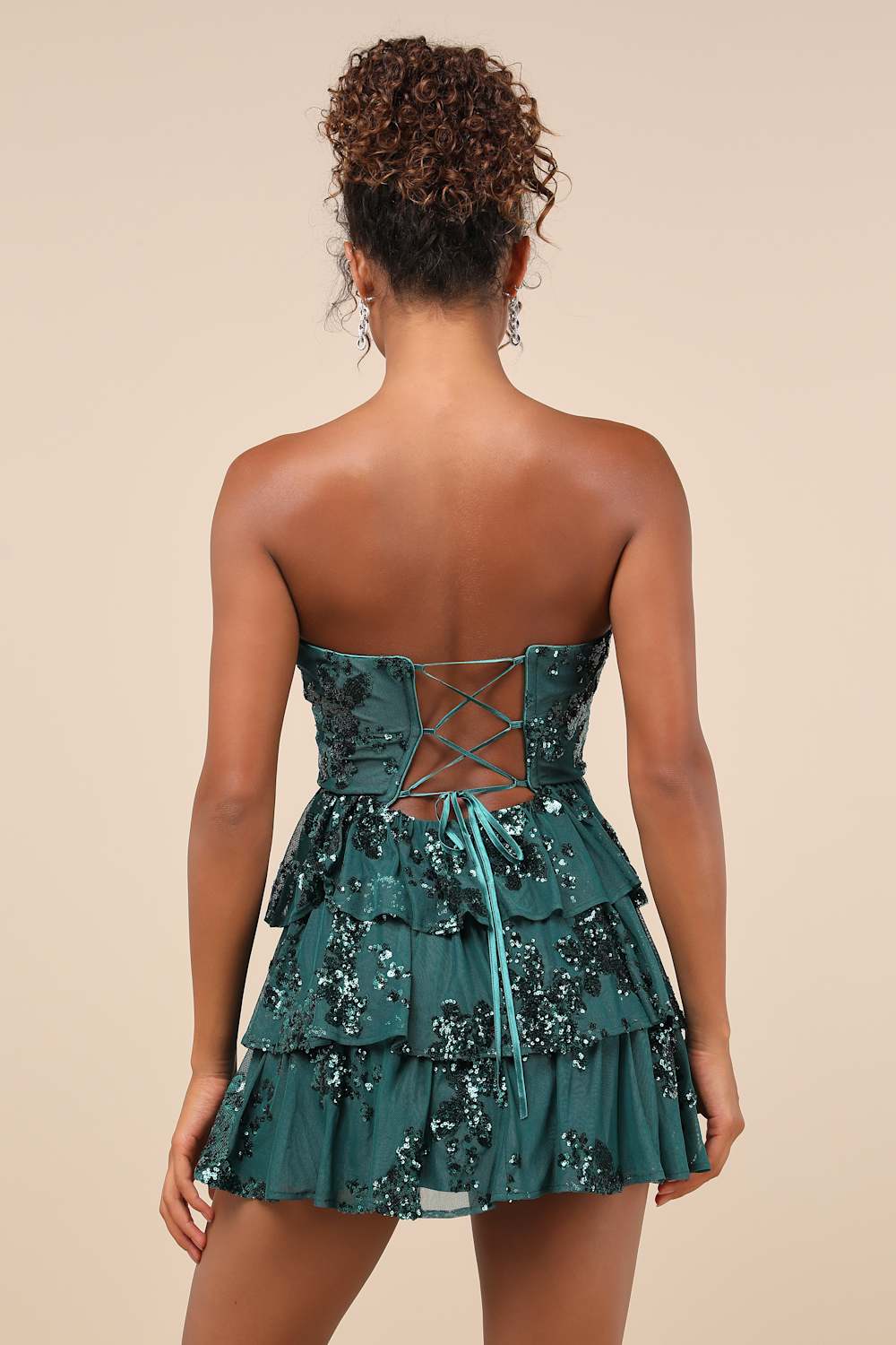 Definite Glamour Emerald Mesh Sequin Bustier Tiered Mini Dress