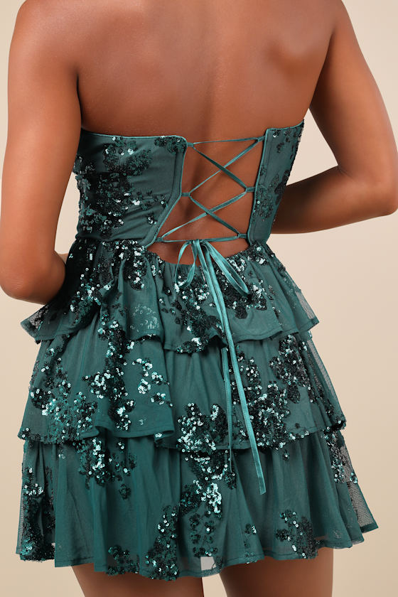 Lulus Definite Glamour Emerald Mesh Sequin Bustier Tiered Mini Dress In Green