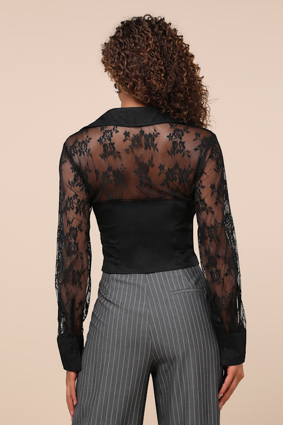 Lulus Major Affection Black Lace Collared Cropped Bustier Top In Black
