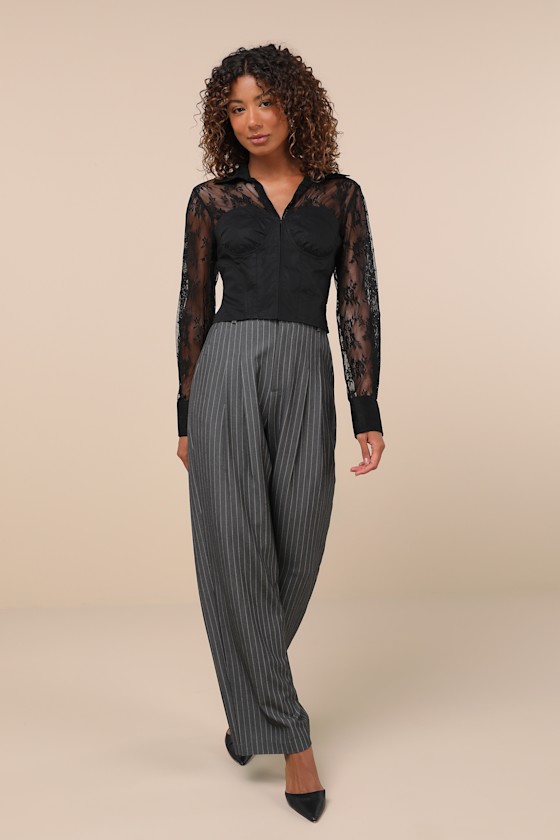Lulus Major Affection Black Lace Collared Cropped Bustier Top In Black