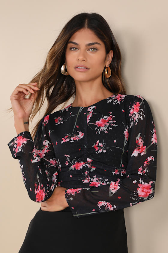 Lulus Covetable Pick Black Floral Textured Ruched Long Sleeve Top In Black