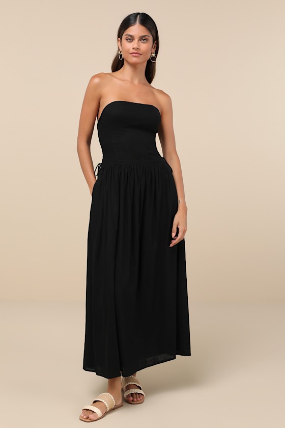 Undeniable Affection Black Strapless Maxi Dress With Pockets 1