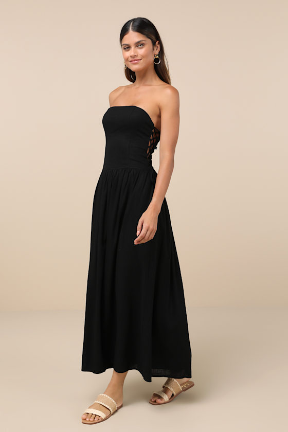 Black Strapless Dress - Maxi Dress With Pockets - Lace-Up Dress - Lulus