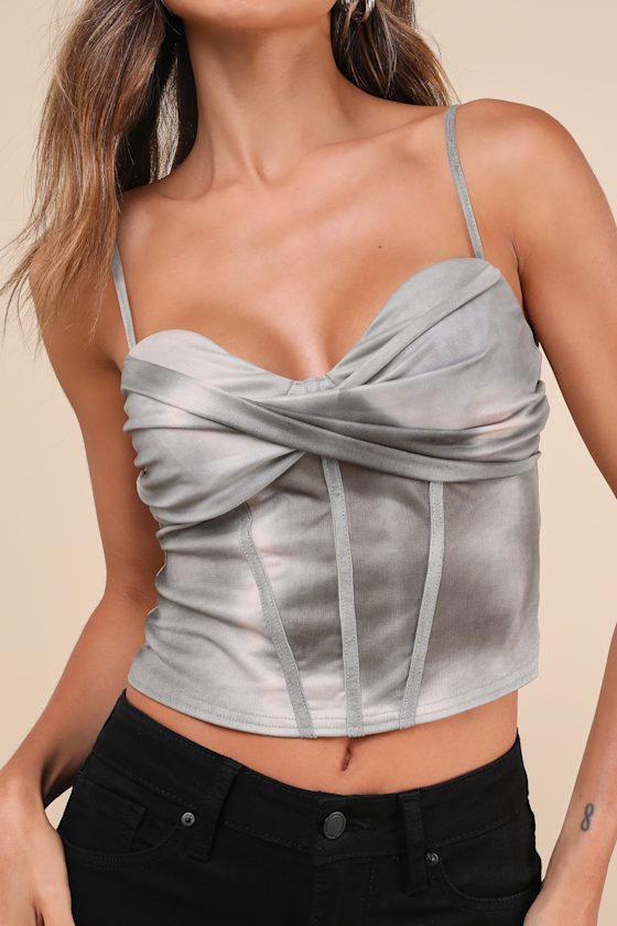 LULUS TRENDSETTING DARLING DUSTY SAGE WASHED MESH BUSTIER TANK TOP