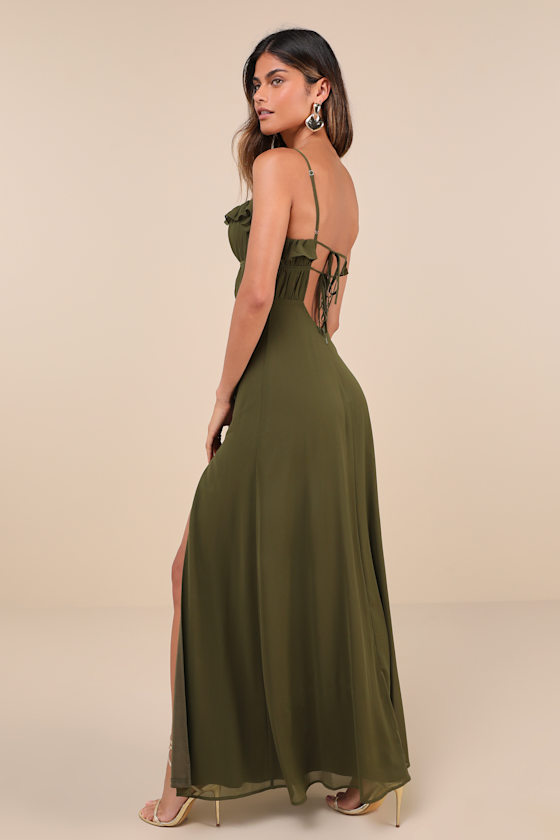 LULUS EXEMPLARY BEAUTY OLIVE GREEN SLEEVELESS TIE-BACK MAXI DRESS 