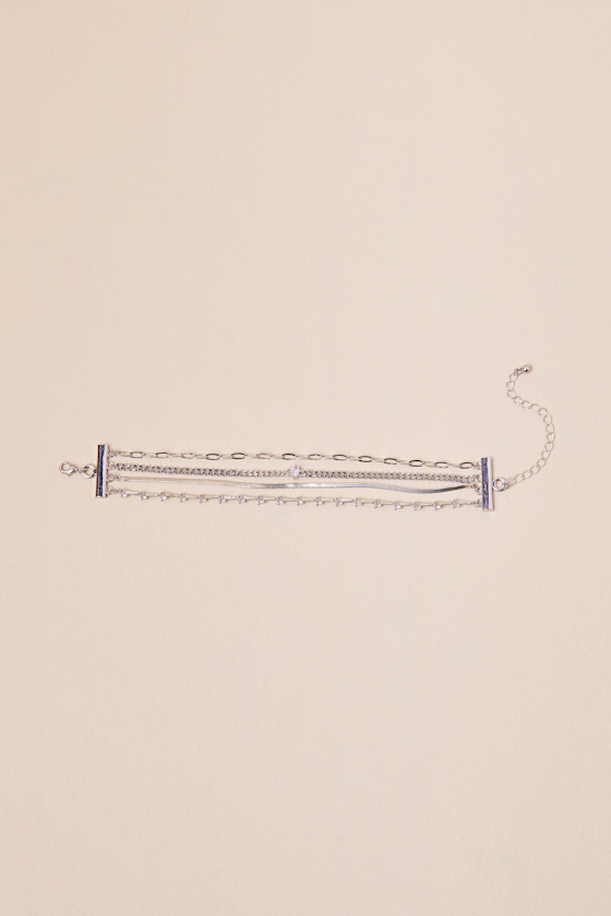 Lulus Simply Glamorous Silver Layered Rhinestone Chain Bracelet In Silver