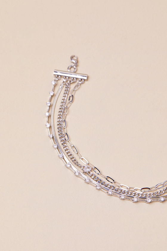 Lulus Simply Glamorous Silver Layered Rhinestone Chain Bracelet In Silver