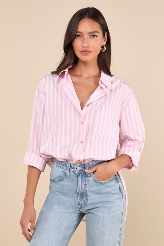 Lulus Poised Delight Pink Striped Oversized Button-up Top In Pink