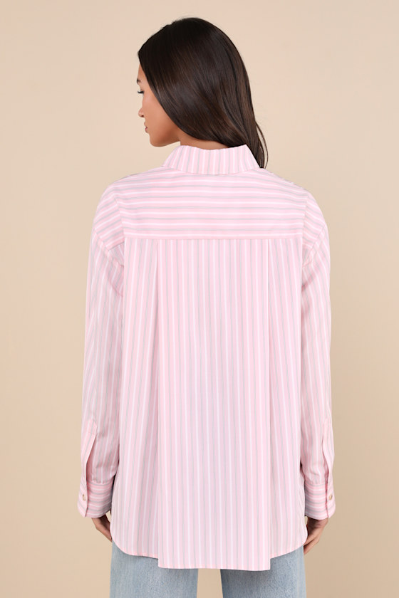 Lulus Poised Delight Pink Striped Oversized Button-up Top In Pink