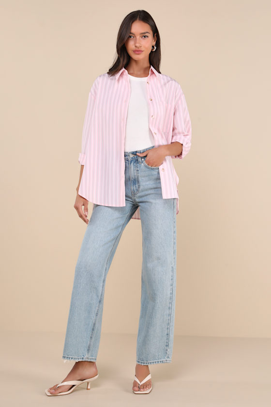 Lulus Poised Delight Pink Striped Oversized Button-up Top In Pink