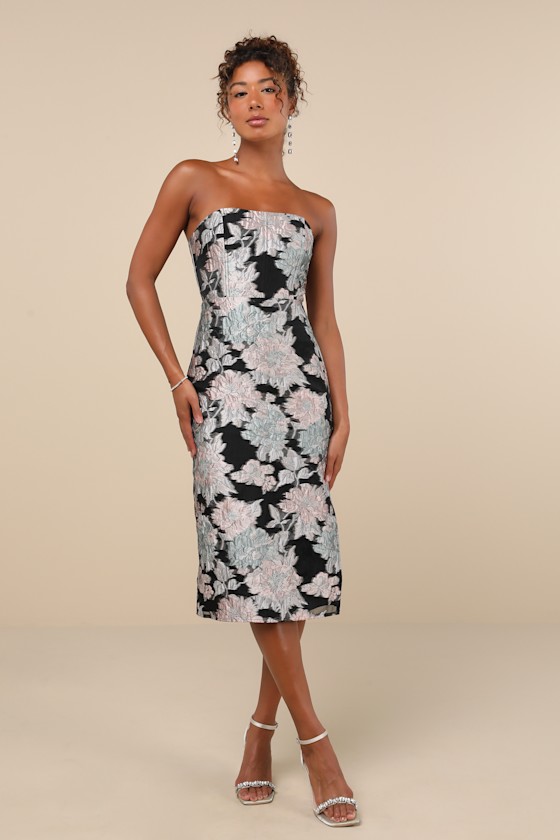 Upgraded Event Black Jacquard Strapless Bustier Midi Dres 1