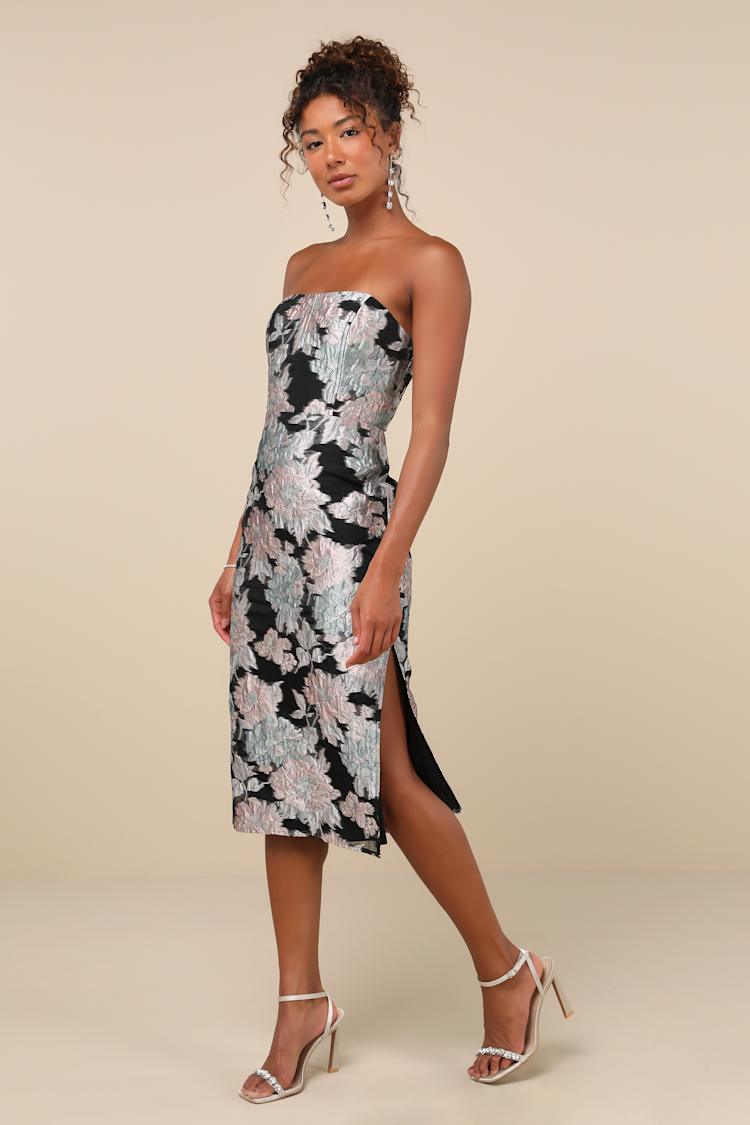 Upgraded Event Black Jacquard Strapless Bustier Midi Dress