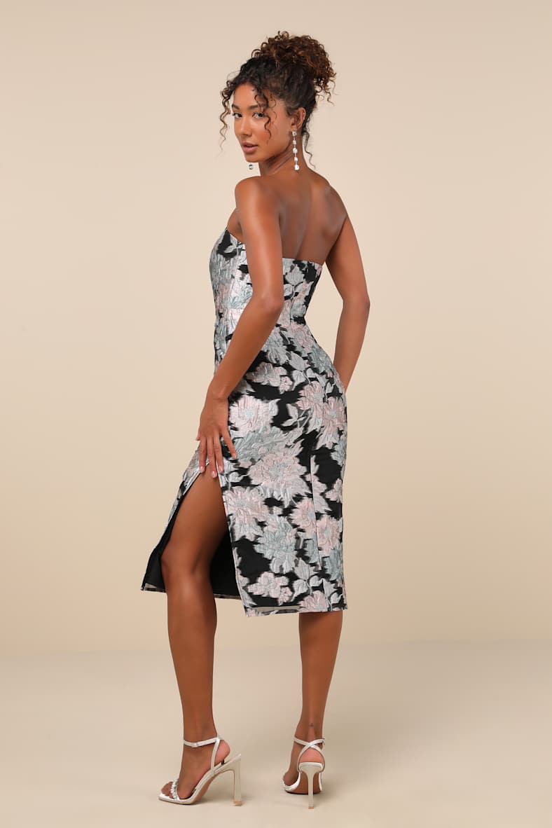 Upgraded Event Black Jacquard Strapless Bustier Midi Dress