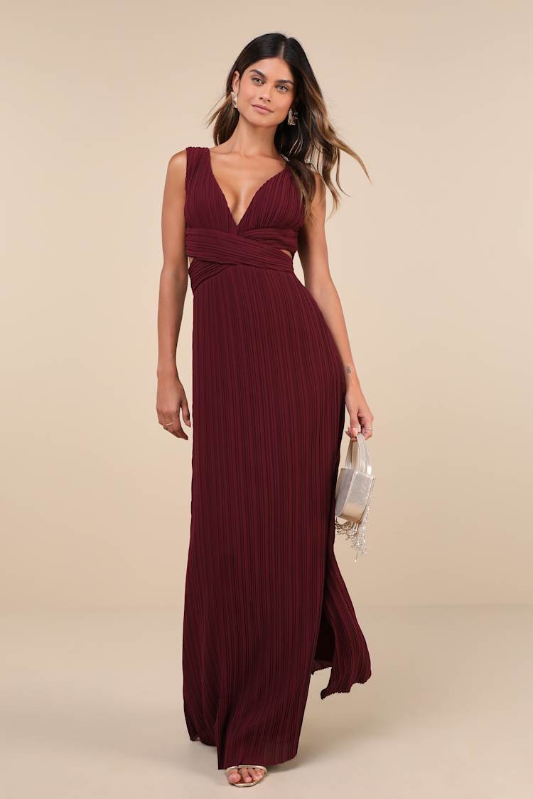 Burgundy Plisse Dress - Cutout Sleeveless Dress - Maxi Dress - Lulus