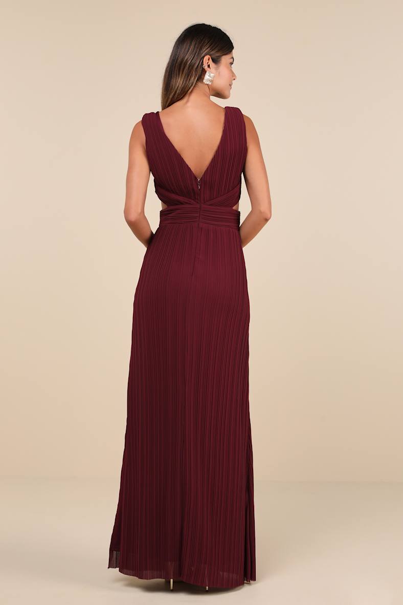 Compelling Poise Burgundy Plisse Cutout Sleeveless Maxi Dress