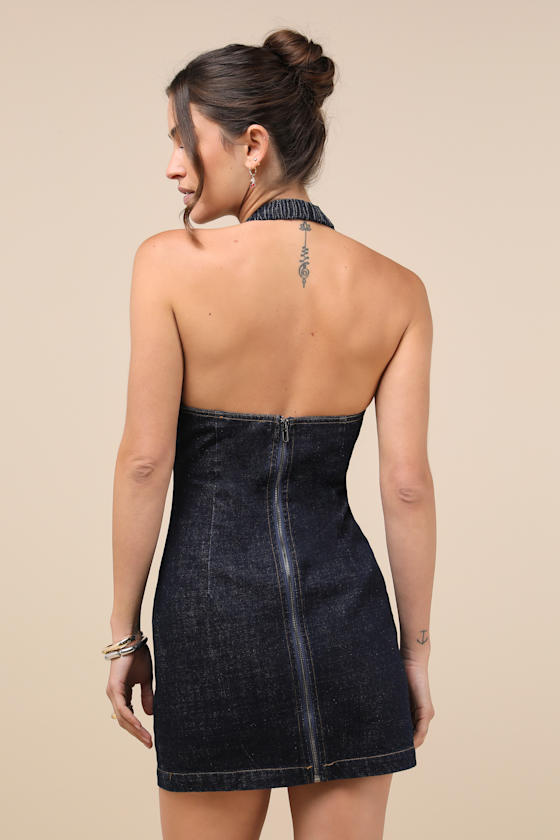 HALTER NECK MINI DENIM DRESS WITH CUT OUT