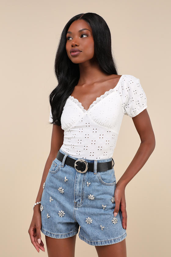 Lulus Easygoing Glow Medium Wash Denim Rhinestone High Rise Shorts In Blue