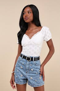 Easygoing Glow Medium Wash Denim Rhinestone High-Rise Shorts