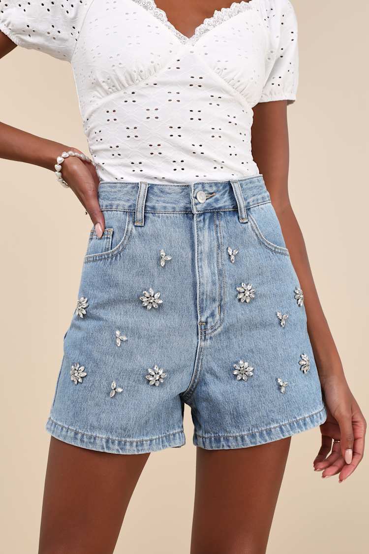 Easygoing Glow Medium Wash Denim Rhinestone High Rise Shorts