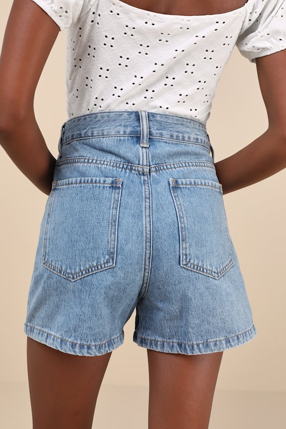 Lulus Easygoing Glow Medium Wash Denim Rhinestone High Rise Shorts In Blue