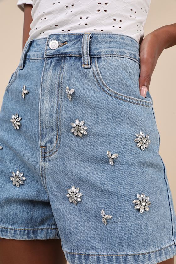 Lulus Easygoing Glow Medium Wash Denim Rhinestone High Rise Shorts In Blue