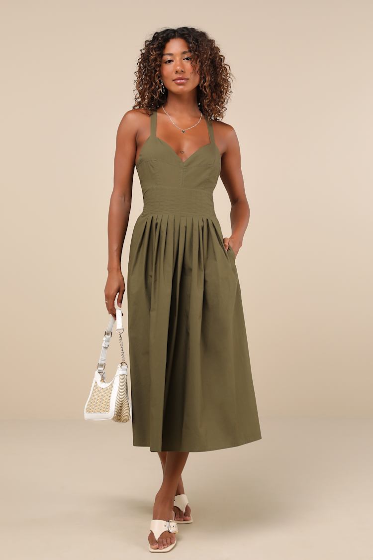 open lace back dress High Waisted Loose Pleated Solid Color V-Neck Midi Dress with Side Poc –  Lavender Rose Boutiques main image 1