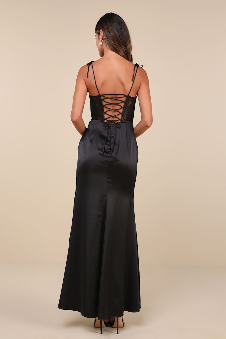 Spellbinding Aura Black Satin Lace Tie-Strap Bustier Maxi Dress