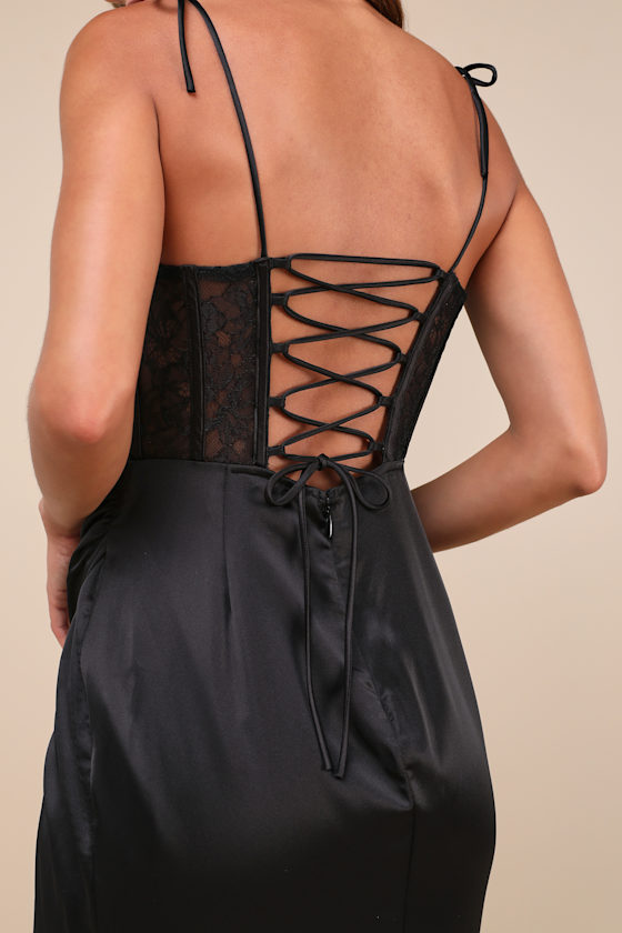 Lulus Spellbinding Aura Black Satin Lace Tie-strap Bustier Maxi Dress In Black