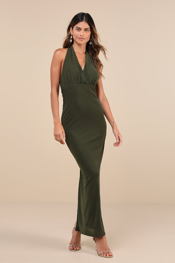 Celebratory Love Olive Green Mesh Ruched Halter Maxi Dress 1