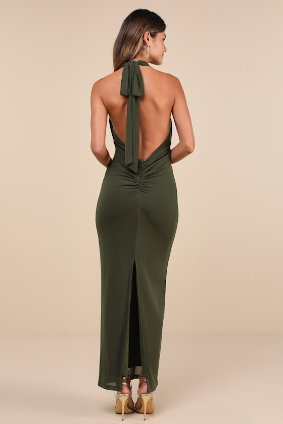 Celebratory Love Olive Green Mesh Ruched Halter Maxi Dress 2