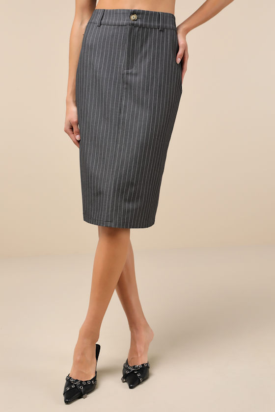 LULUS REFINED ELEMENT GREY PINSTRIPED HIGH-RISE MIDI SKIRT