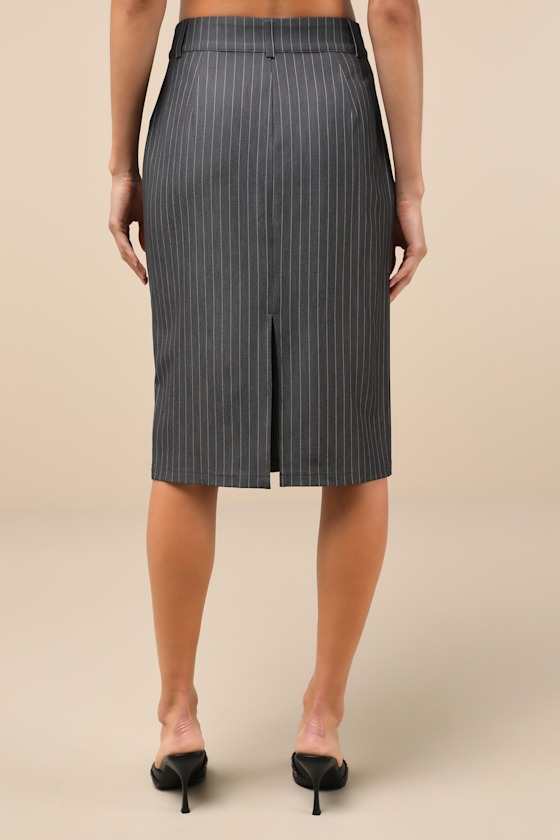 LULUS REFINED ELEMENT GREY PINSTRIPED HIGH-RISE MIDI SKIRT