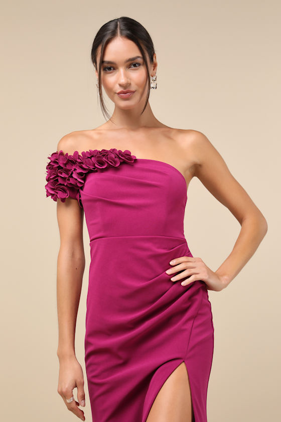 Magenta Maxi Dress - 3D Floral Dress - One-Shoulder Maxi