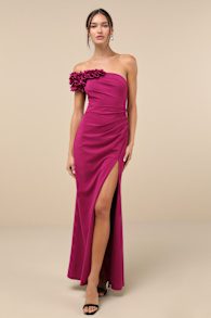 Beyond Elegant Magenta 3D Floral One-Shoulder Maxi Dress 3
