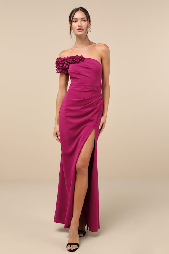 Beyond Elegant Magenta 3D Floral One-Shoulder Maxi Dress 3