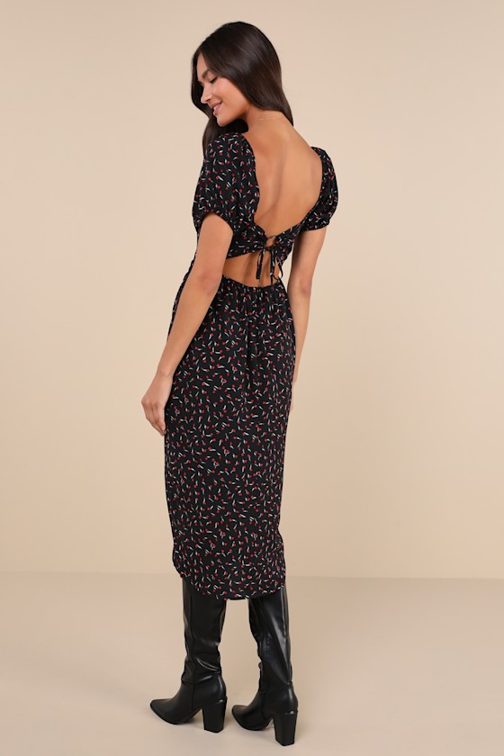 Lulus Compelling Flirt Black Floral Lace-up Puff Sleeve Midi Dress In Black