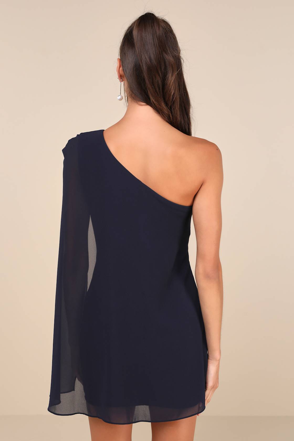 Majestic Energy Navy Cape Sleeve One-Shoulder Mini Dress