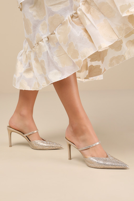Kanika Light Gold Fabric Rhinestone Pointed-Toe Mule Pumps 1