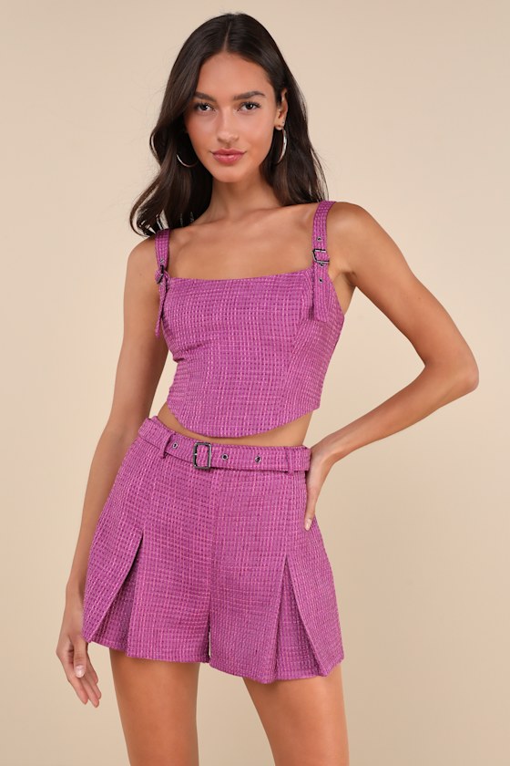 Purple Tweed Shorts - Belted Pleated Shorts - High-Rise