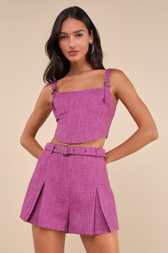 Bold Cutie Purple Tweed Buckle Strap Crop Tank Top 1