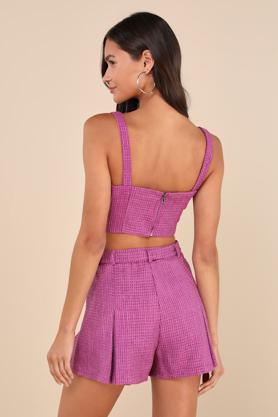 Lulus Bold Cutie Purple Tweed Buckle Strap Crop Tank Top In Purple