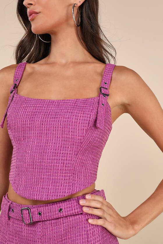 Lulus Bold Cutie Purple Tweed Buckle Strap Crop Tank Top In Purple