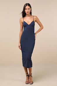 Sophisticated Soiree Navy Blue Bustier Midi Bodycon Dress 4