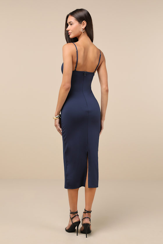 Sophisticated Soiree Navy Blue Bustier Midi Bodycon Dress 3