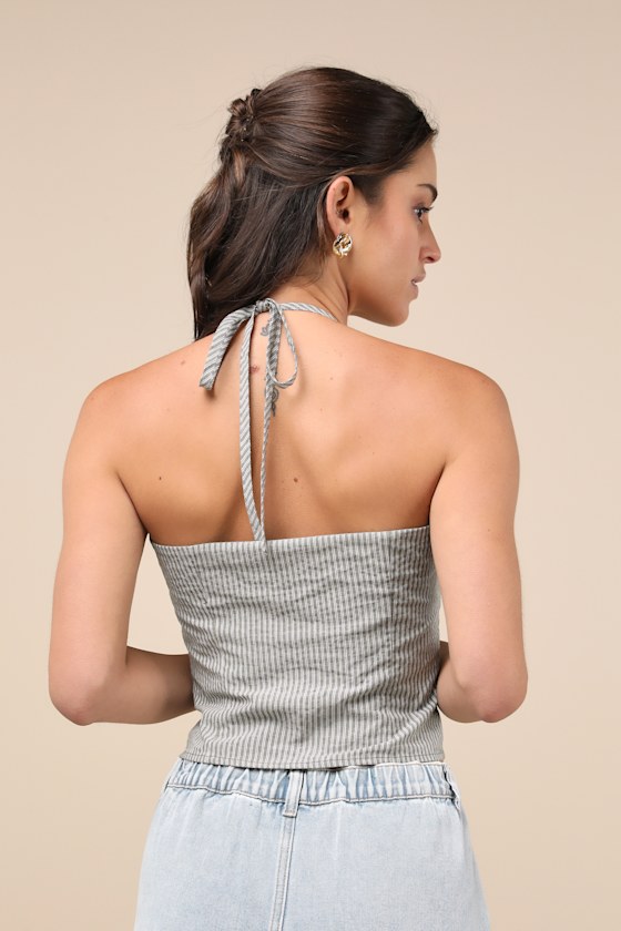 Lulus Chic Perception Olive Green Striped Button-front Halter Top In Olive Green