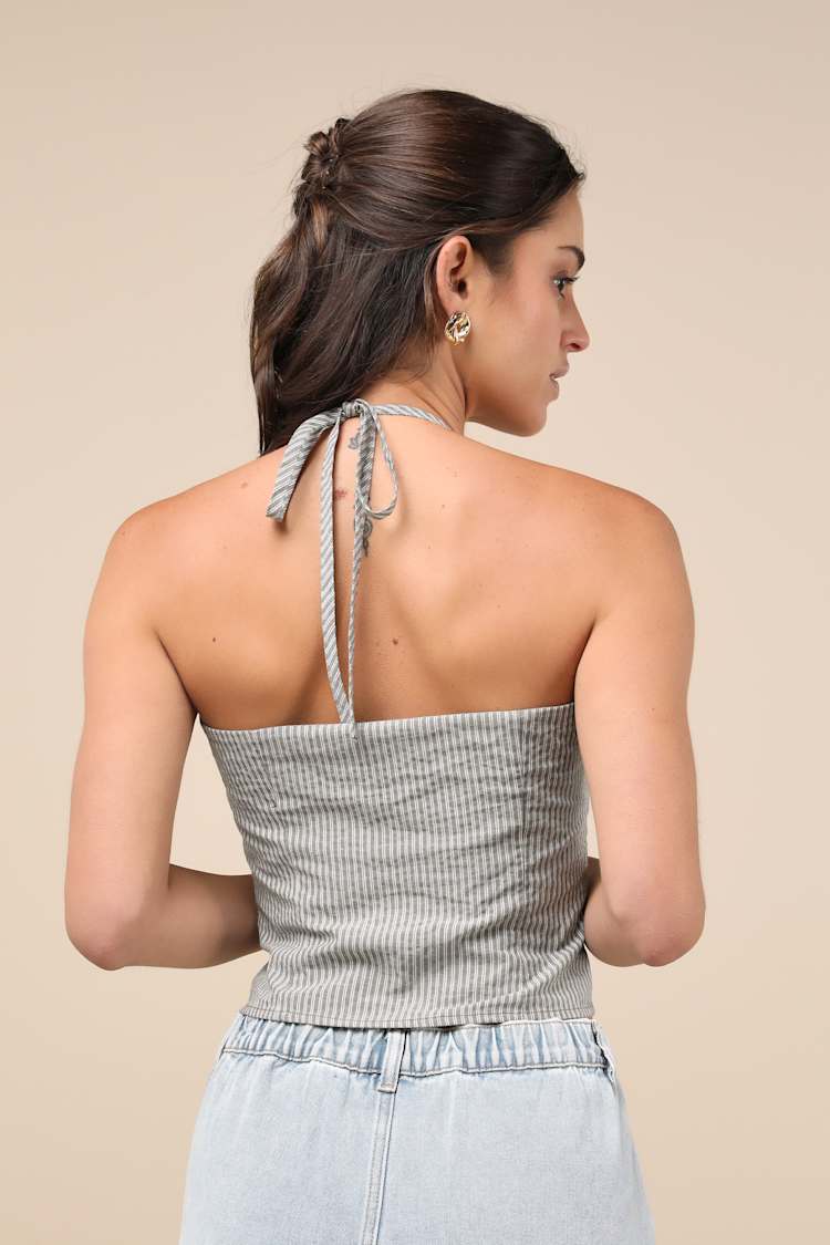 Chic Perception Olive Green Striped Button-Front Halter Top