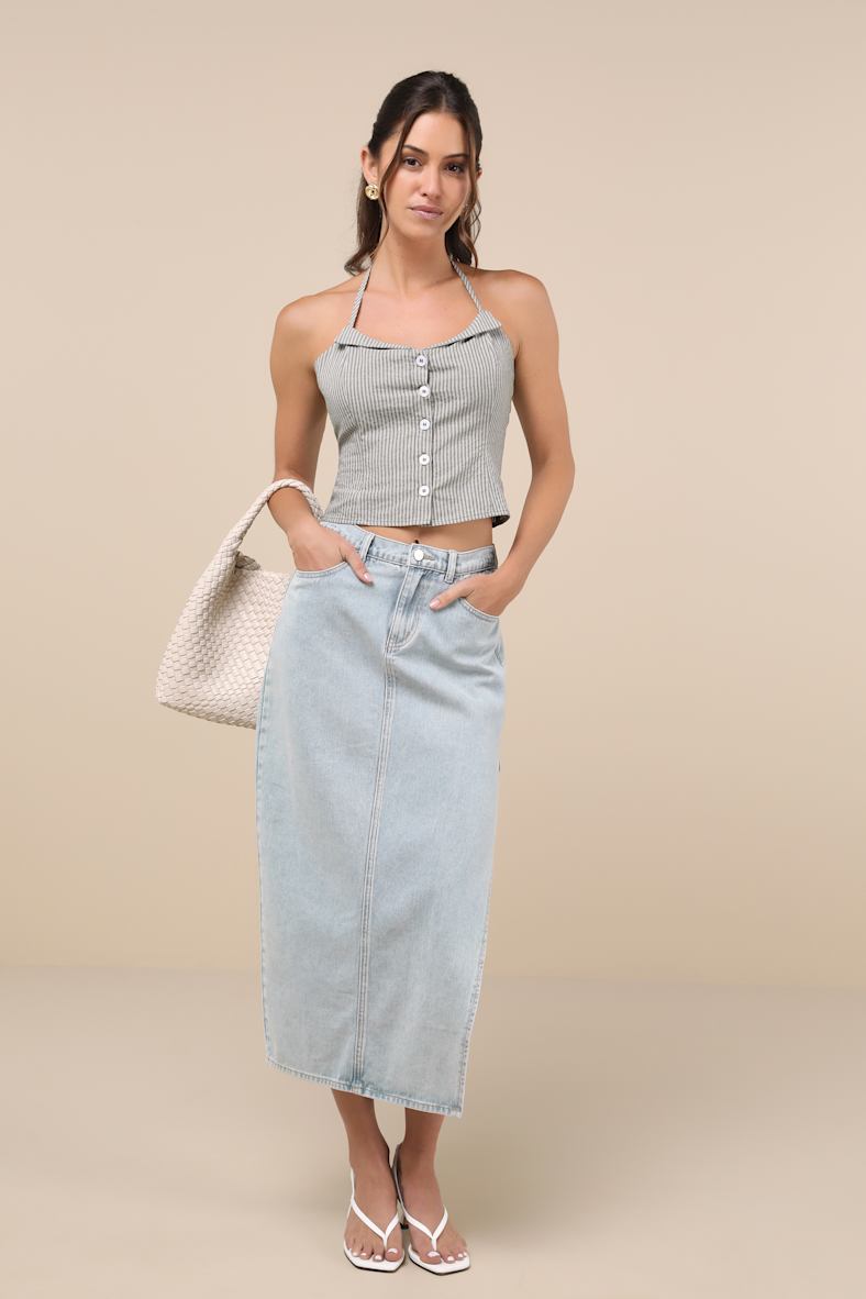 Chic Perception Olive Green Striped Button-Front Halter Top