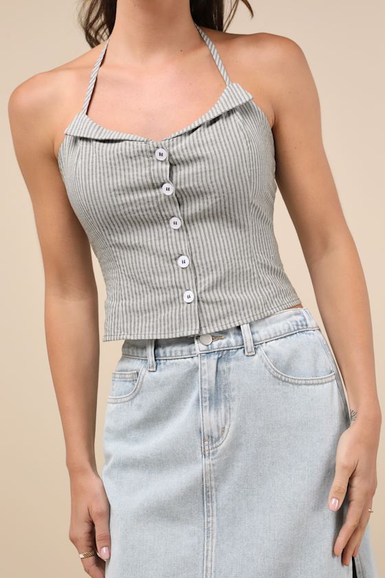 Lulus Chic Perception Olive Green Striped Button-front Halter Top In Olive Green